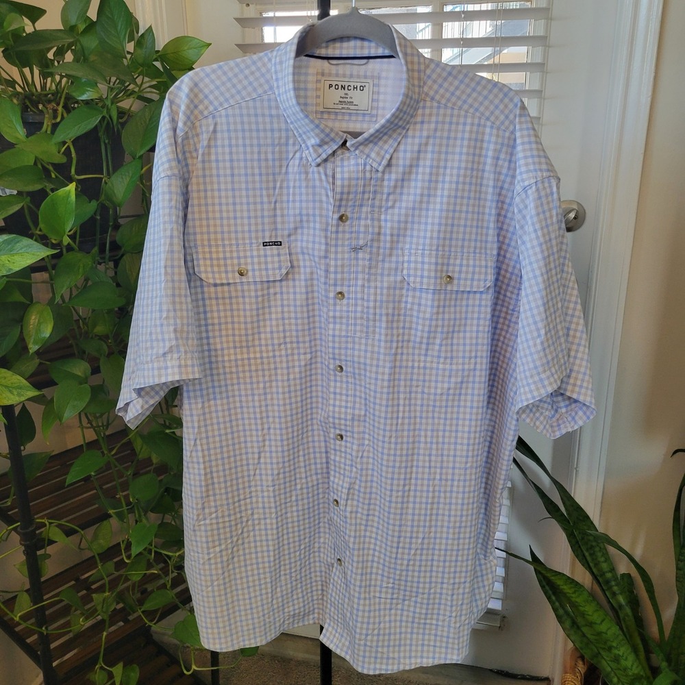 Poncho Outdoors Fishing Shirt 3XL Blue Gingham Magnetic Pockets Short Sleeve